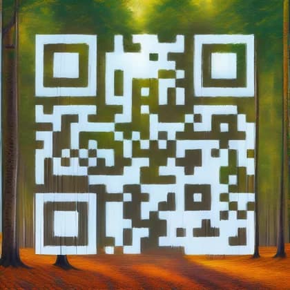 Artistic QR code painted into an autumn forest
